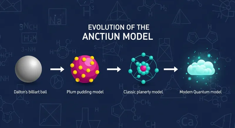 A flat design vector illustration showing the evolution of the atomic model on a horizontal timeline, featuring Dalton's billiard ball, the plum pudding model, the planetary model, and the modern quantum probability cloud against a navy blue scientific background.