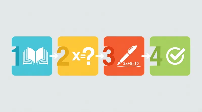 A modern, minimalist 4-step infographic for solving algebra word problems. Step 1 features an open book icon; Step 2, an 'x=?' icon; Step 3, a pen drawing '2x+5=10'; and Step 4, a checkmark icon. Each step is numerically labeled and distinctly colored against a light background.