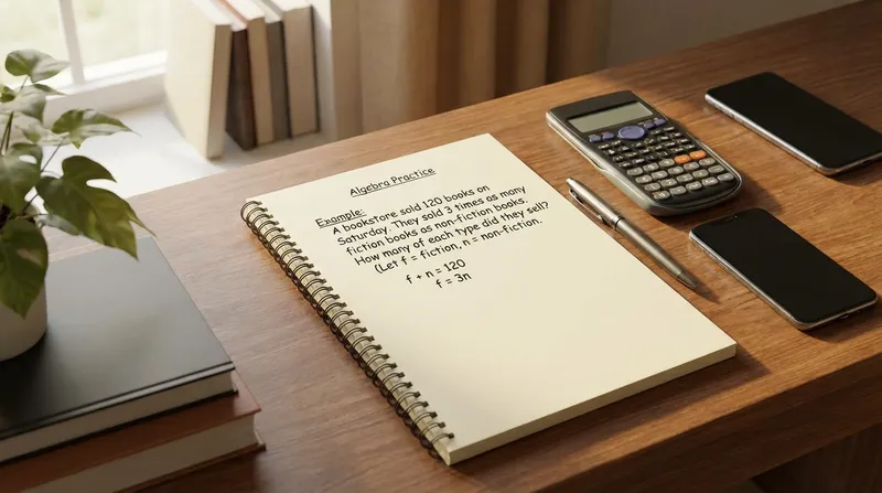 An inviting, brightly lit study desk with an open notebook showing an approachable algebra word problem, a pen, and a calculator, promoting calm and focused learning.