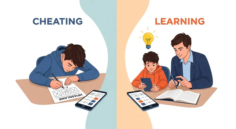 Illustration comparing cheating vs. learning with an AI math app. Learning side shows a student reviewing step-by-step explanations.
