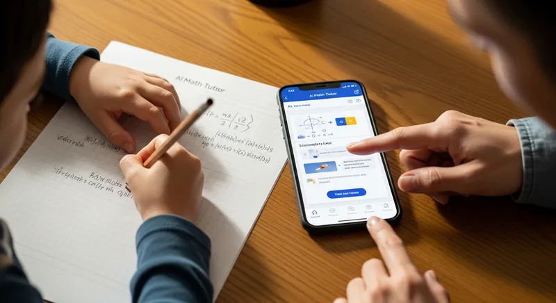 Parent and child use an AI math app for collaborative algebra homework, showing step-by-step guidance.