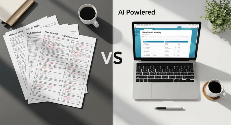 A teacher's desk showing a transition from paper grading to using AI tools on a laptop.