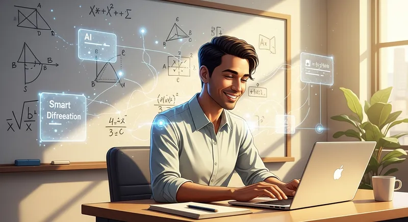 A smiling math teacher uses a laptop in a classroom to plan lessons with AI.