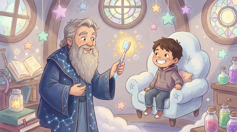 Whimsical storybook illustration of a friendly dentist wizard with a glowing toothbrush wand and a brave young child in a magical dental office with a cloud-shaped chair.