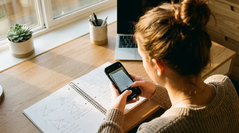A student using a smartphone app to scan a geometry problem from an open notebook at a study desk.