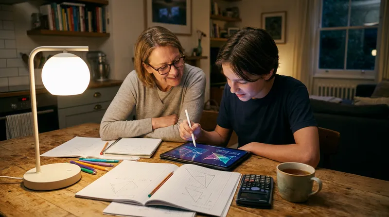 A parent and teenager sitting together at a wooden table in the evening, using a digital tablet and notebooks to work on homework.