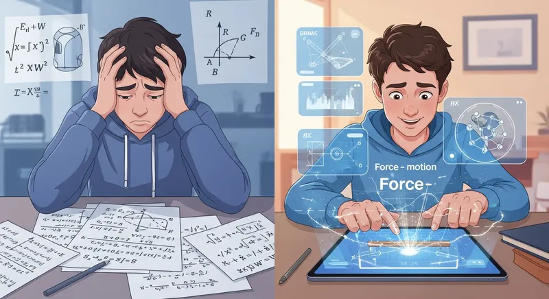 A split-screen illustration comparing traditional science study and modern digital learning: a frustrated student with cluttered paper equations on the left versus an engaged student using an interactive 3D physics simulation on a futuristic tablet on the right.