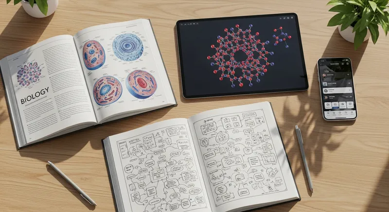 A minimalist 2026 student workspace featuring a biology textbook, a tablet displaying a 3D molecular simulation, and a notebook with hand-drawn concept maps on a sunlit wooden desk.