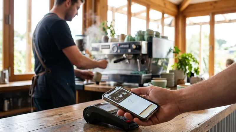 Lazygrid digital loyalty pass displayed in Apple Wallet on iPhone at a New Zealand cafe counter.