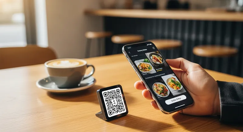 Close-up of a customer scanning a minimalist QR code on a light oak table using a modern smartphone to access a futuristic digital menu in a contemporary New Zealand cafe.