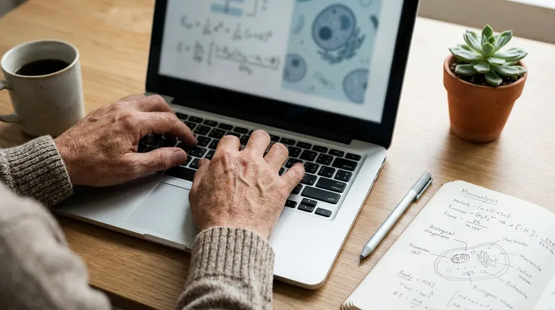 A teacher's hands typing on a laptop keyboard with math equations on the screen, next to a coffee mug, a succulent, and an open notebook with science diagrams on a sunlit desk.
