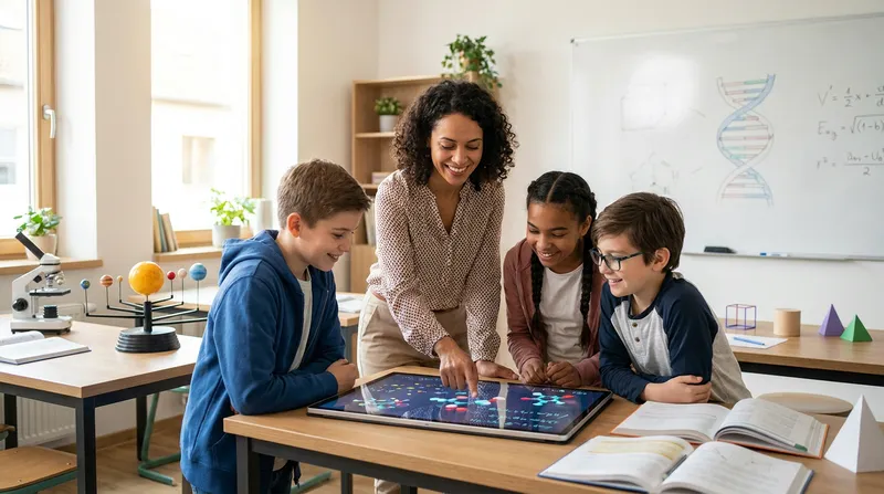 A teacher and diverse students collaborate on a tablet with interactive math and science models in a bright classroom.
