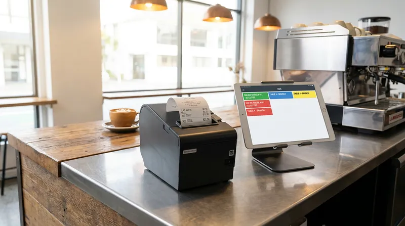 Tablet displaying a kitchen display system for online orders next to a thermal receipt printer on a modern New Zealand cafe counter.