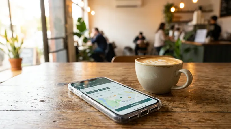 Customer using a Lazygrid booking and reservation app on a smartphone to reserve a table at a New Zealand cafe.