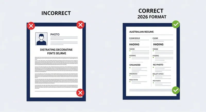 Side-by-side comparison of an outdated resume with a photo and dense text versus a modern 2026 Australian resume format featuring a clean, ATS-friendly two-column layout, bold headings, and organized bullet points.