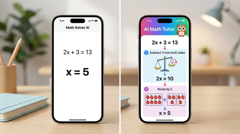 Two phones: one shows a basic math solver answer, the other shows an interactive AI math tutor with steps.