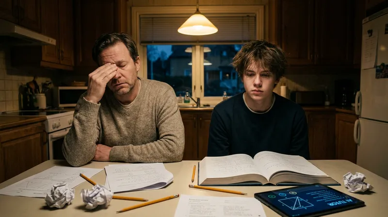 Parent and teen struggle with math homework at night, using a tablet with AI math diagrams.