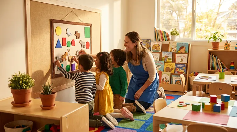 A smiling preschool teacher and a diverse group of young children joyfully arrange colorful felt shapes on a large storyboard in a bright, warm classroom filled with books and learning materials.