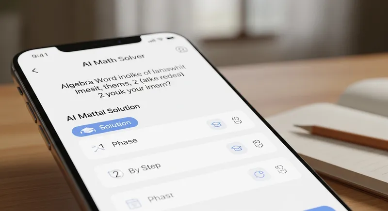 A close-up of a smartphone screen displaying a step-by-step algebra solution on a minimalist AI math solver interface, set against a blurred wooden study desk.