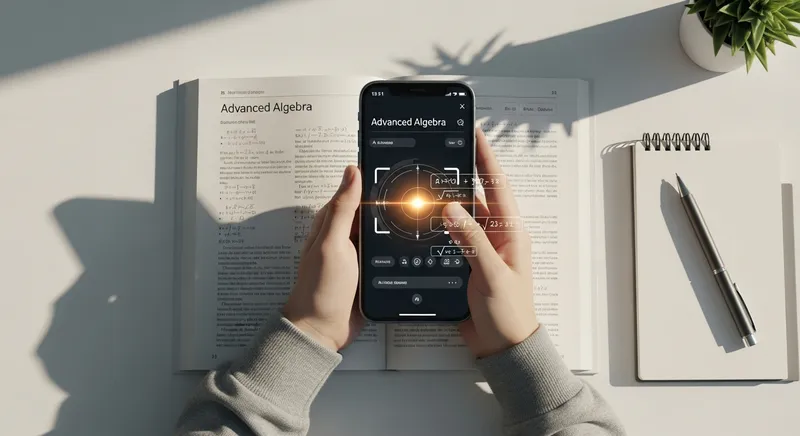 Top-down flat lay of a student using a smartphone AI math solver to scan an advanced algebra textbook on a minimalist, sunlit desk.