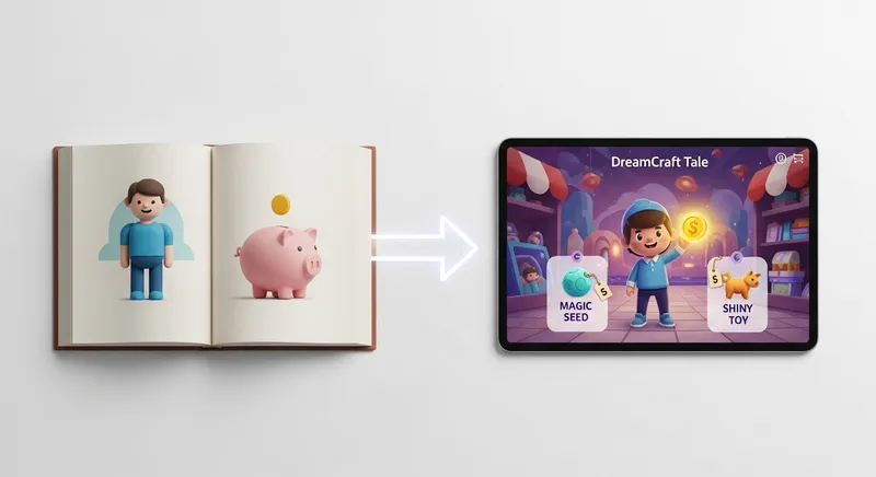 Illustration comparing a traditional piggy bank book to an interactive story on a tablet about financial choices.