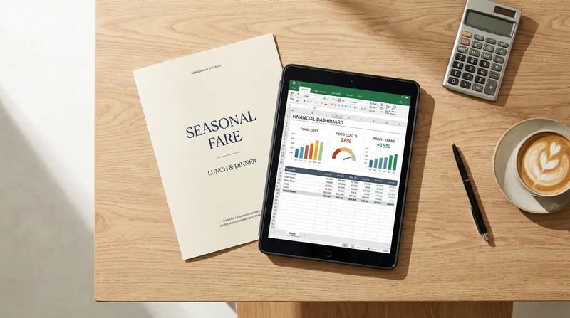 Flat-lay photograph of a modern wooden restaurant table featuring a printed menu, a calculator, and a digital tablet displaying a food cost percentage spreadsheet for menu engineering.