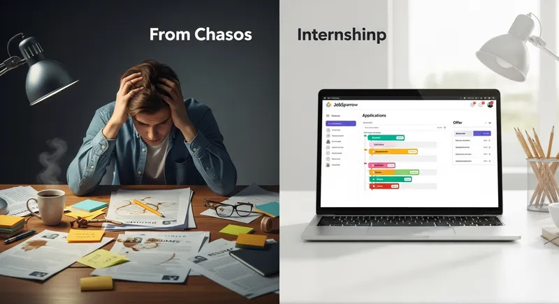 A split-screen comparison showing a chaotic desk with scattered paper resumes versus an organized digital workspace featuring the JobSparrow job application tracker with Kanban columns for Applied, Interview, and Offer.
