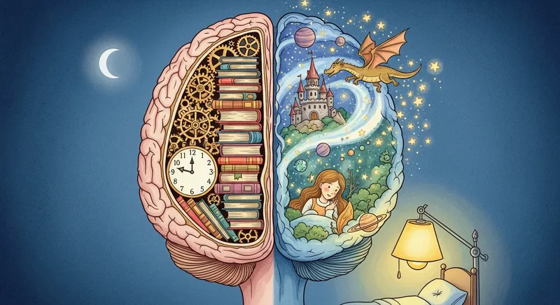 A whimsical watercolor illustration of a child's imaginative mind, showing a cross-section of storybook structure with golden gears and vintage books on one side, and a magical dreamscape with a flying dragon and floating castle on the other, all under a warm bedside glow.