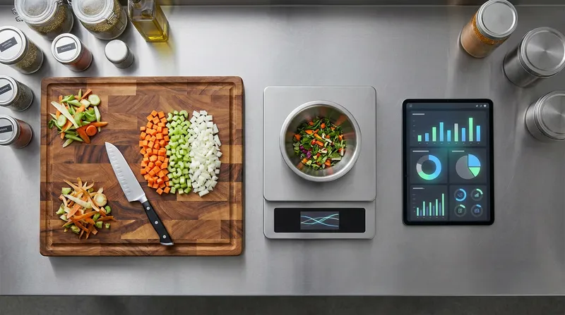 Overhead view of a commercial kitchen prep station featuring a digital scale measuring ingredients, diced vegetables with prep trimmings, and a tablet displaying inventory charts.