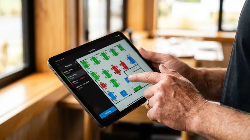 Restaurant manager reviewing a digital floor plan on a reservation tablet showing table availability and booking status in a New Zealand dining room.