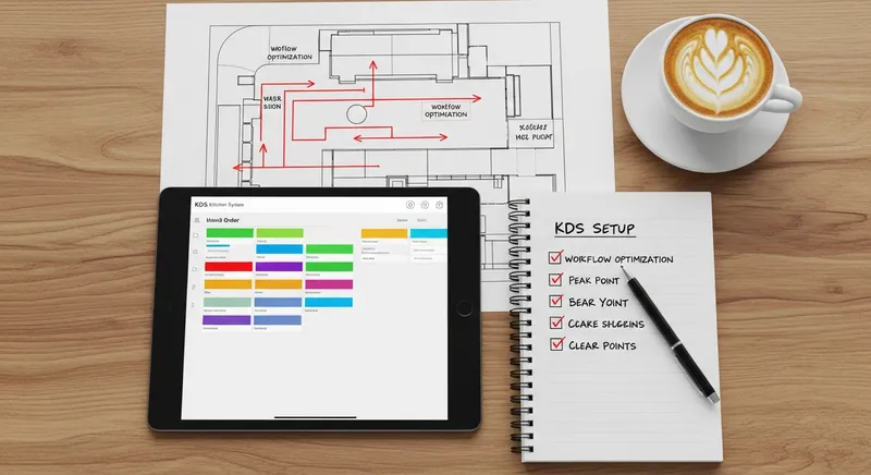 A restaurant manager plans a kitchen workflow on a blueprint, with a tablet showing the Lazygrid KDS interface and a 7-step checklist nearby.
