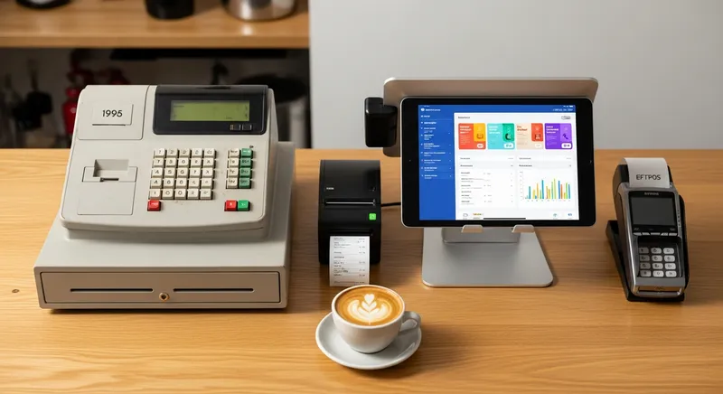 A comparison of an old cash register and a modern iPad cloud POS system.