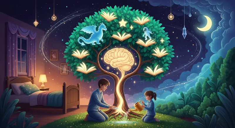 Whimsical illustration of a parent and child nurturing a glowing 