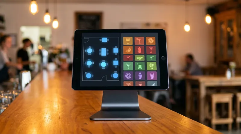 A modern iPad POS terminal on a wooden bar counter displaying a drinks menu.