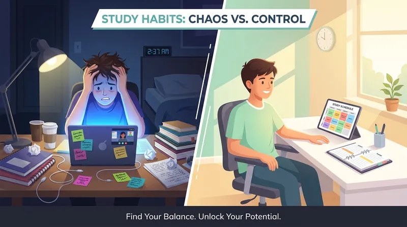 A split-screen illustration contrasting a stressed high school student at a cluttered desk at night with a relaxed student using a structured study schedule template at a clean, sunlit desk.