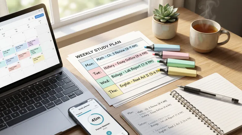 An organized high school study desk featuring a printed weekly study schedule for high school, a digital calendar on a laptop, and a study planner app on a smartphone in warm morning light.
