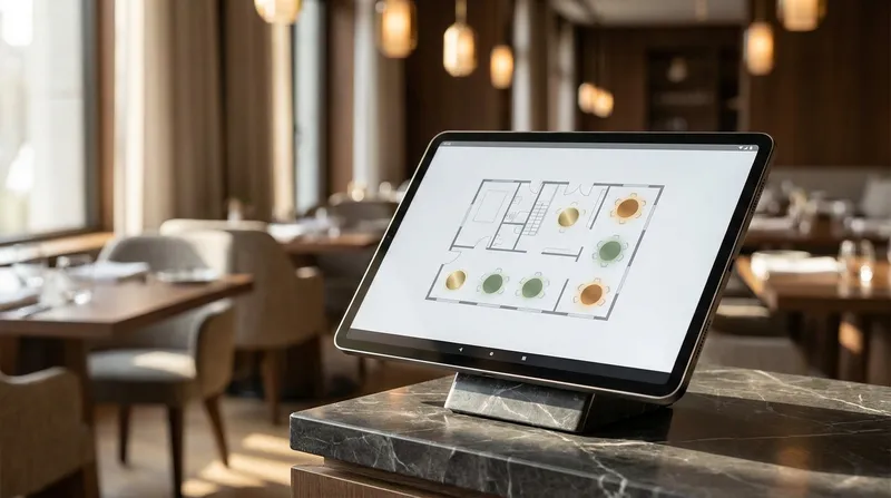 A Lazygrid iPad POS product screenshot displaying a minimalist digital table management floor plan interface.