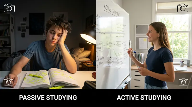 A split-screen comparison of passive and active studying: on the left, a tired high school student stares blankly at a heavily highlighted textbook; on the right, an engaged student uses active recall, writing concepts on a whiteboard in a brightly lit room.