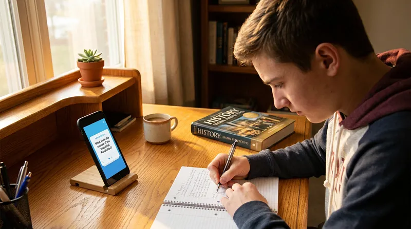A high school student practicing the active recall study method by writing in a notebook at a sunny wooden desk, next to a closed textbook and a smartphone displaying TutorAI.