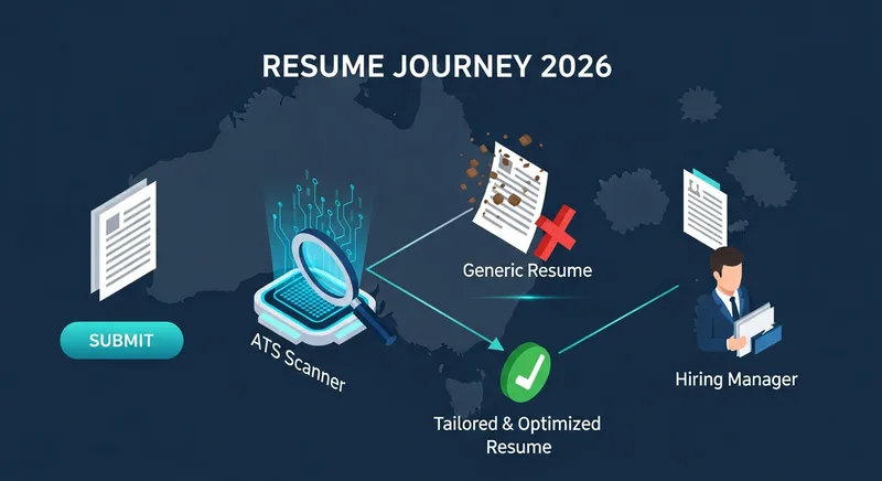 Isometric infographic titled "Resume Journey 2026" illustrating a document passing through an ATS scanner; a generic resume is rejected with a red X, while a tailored and optimized resume receives a green checkmark and proceeds to a hiring manager, set against a professional navy and teal background with a subtle Australian map motif.