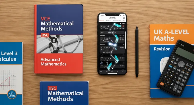 Smartphone with AI math tutor next to VCE, HSC, NCEA, and A-Level math textbooks on a desk.