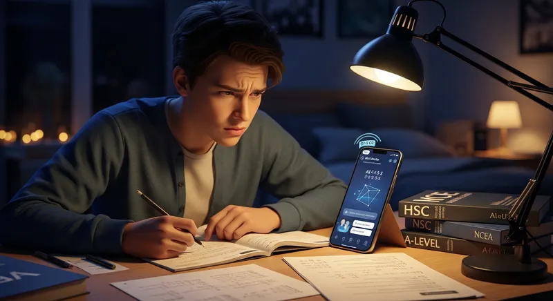 Student using an AI math tutor app on a smartphone for VCE, HSC, and NCEA homework late at night.