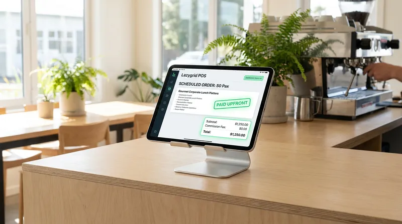 A screenshot of an iPad on a wooden counter in a New Zealand cafe displaying a Lazygrid POS dashboard with a scheduled corporate catering order, showing a Paid Upfront status and zero commission fees.