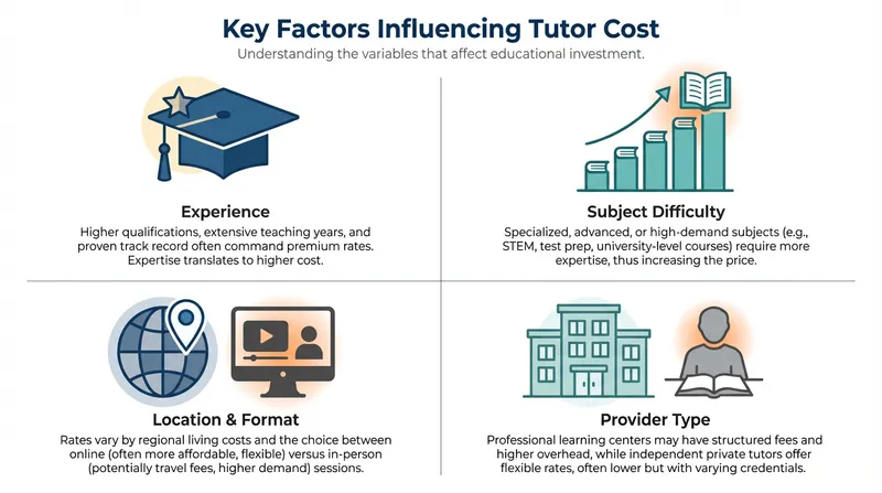 A modern, clean four-quadrant infographic outlining key factors influencing math tutor cost, with distinct icons and labels for 'Experience' (graduation cap), 'Subject Difficulty' (ascending bar chart), 'Location & Format' (globe and video call), and 'Provider Type' (learning center and individual).