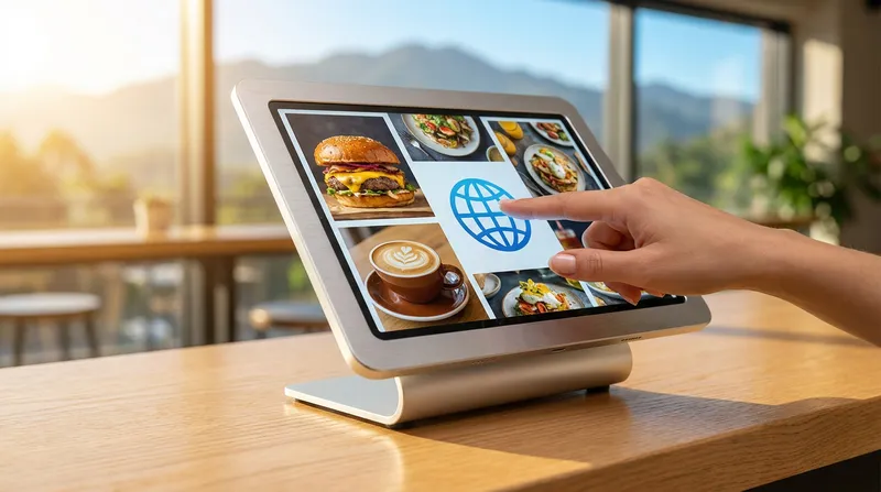 A close-up of a sleek iPad self-service kiosk displaying a premium food menu in multiple languages.