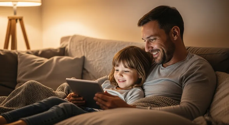 A relaxed parent and young child sit cozily on a plush couch, looking at a tablet together in soft, warm evening light, creating a peaceful moment of connection.