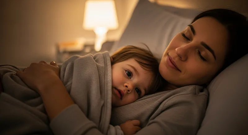 A parent and child sharing a moment of serene, loving connection at bedtime, embodying peaceful bonding.