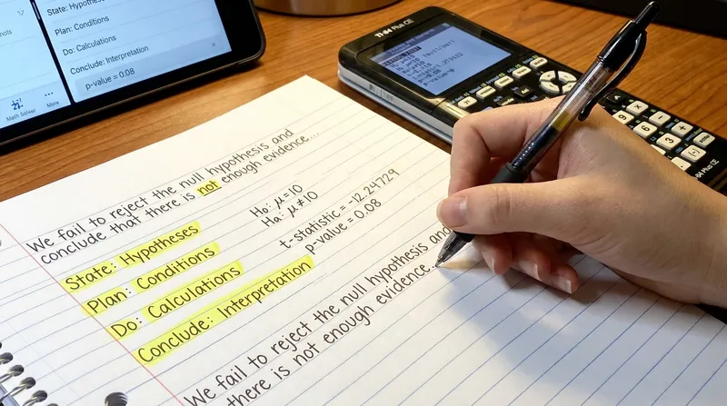 High school student writing AP Statistics hypothesis test FRQ on notebook paper beside a TI-84 calculator and AI math solver app on a tablet.