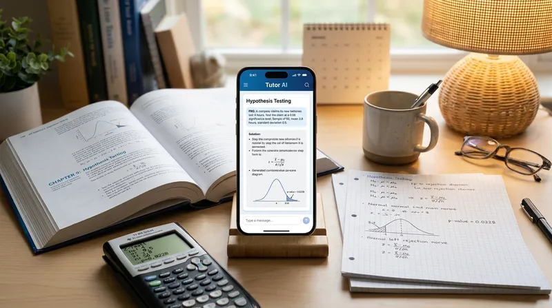 A smartphone displaying an AI math solver app with a step-by-step AP Statistics hypothesis testing FRQ solution, resting on a study desk next to an open textbook, handwritten notes, and a graphing calculator.