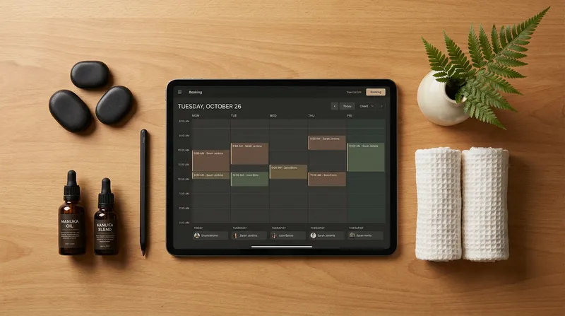 Tablet displaying massage and day spa booking software on a timber desk with hot stones, essential oils, and rolled towels.